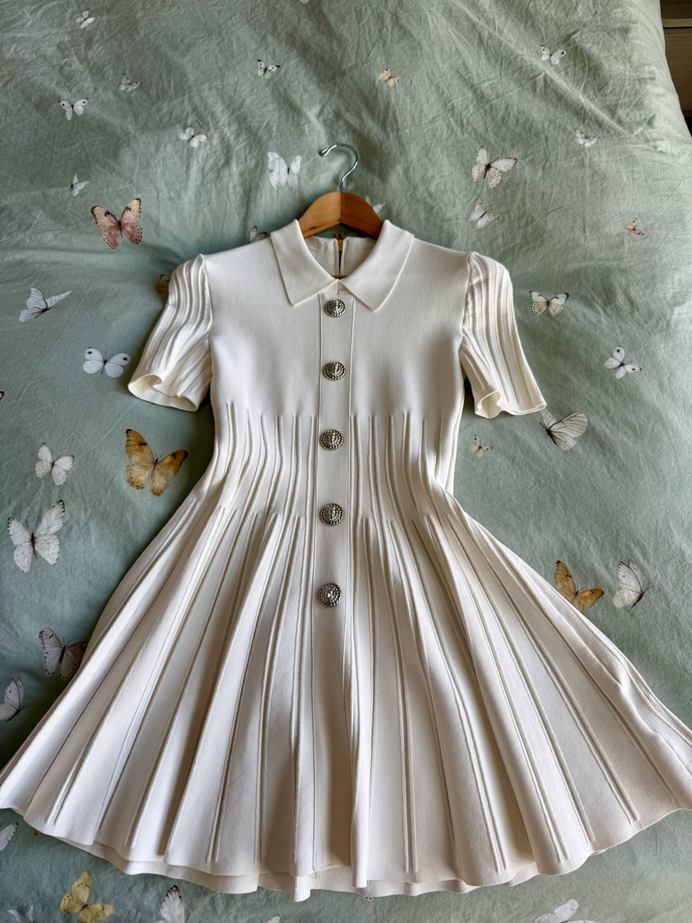 Cream Pleated Button-Front Fit-and-Flare Dress
